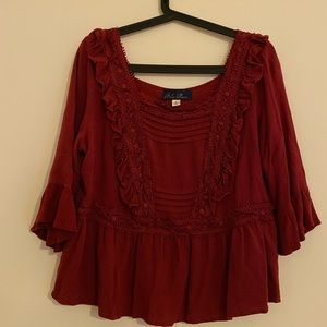 Red lace embellished blouse